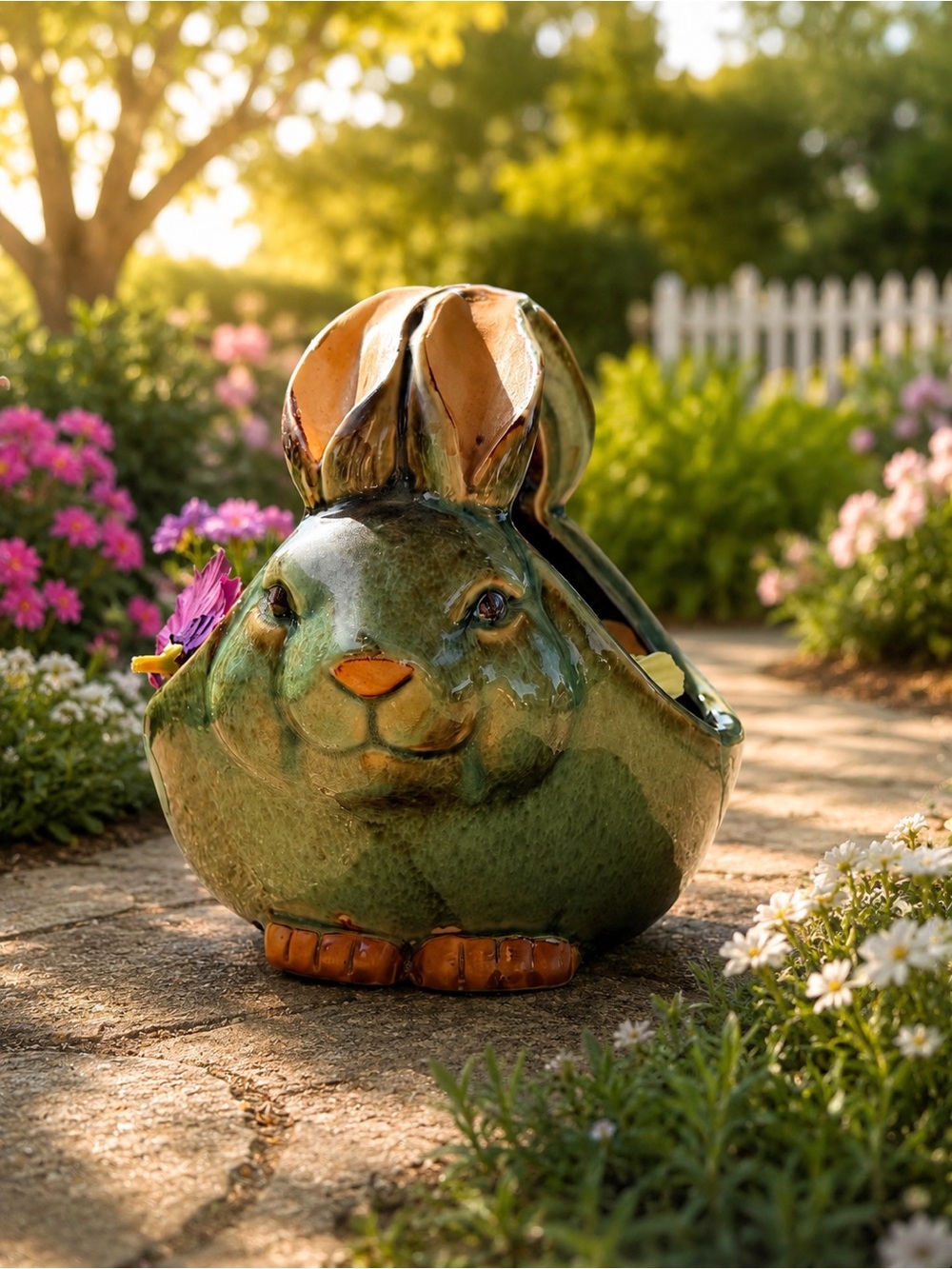 Green Ceramic Double Faced Bunny Planter - Decorative Home Art